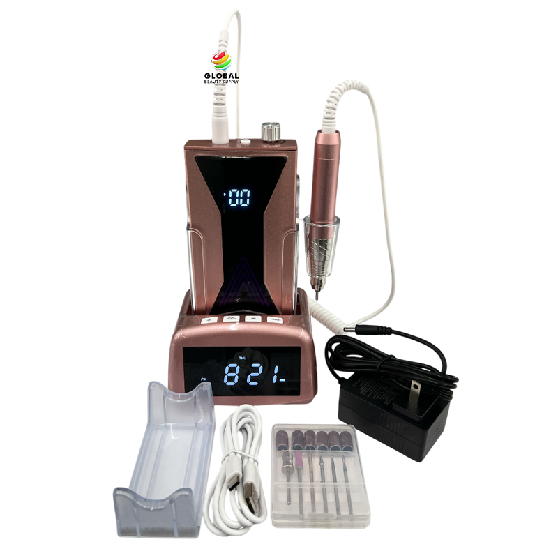 Rechargeable Portable Brushless Nail Drill 45K with Clock Charging Dock - Rose Gold