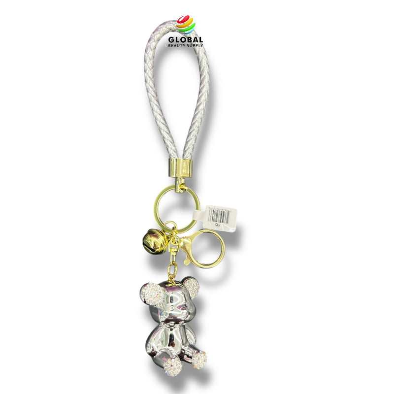 Keychain - Glossy Silver Rhinestone Bear with Heart