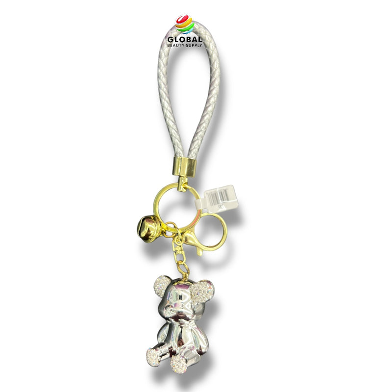 Keychain - Glossy Silver Rhinestone Bear with Heart