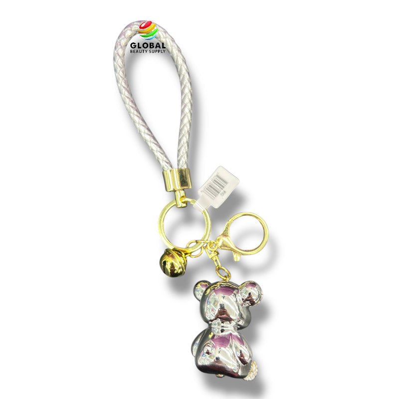 Keychain - Glossy Silver Rhinestone Bear with Heart