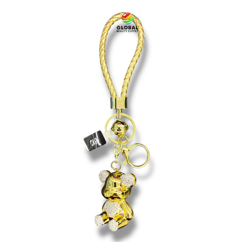 Keychain - Glossy Gold Rhinestone Bear with Heart