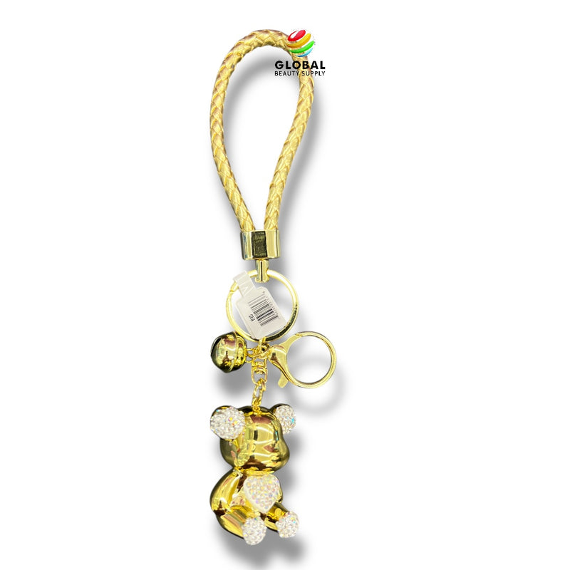 Keychain - Glossy Gold Rhinestone Bear with Heart
